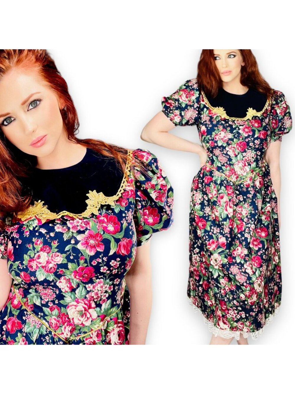 Vintage 90s Floral + Velvet Short Sleeve Collared Dress 16 Y / Womens Small